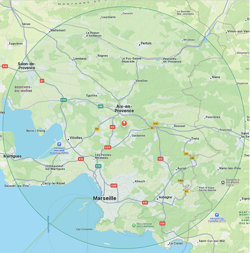 Zone d'intervention et de déplacement aux alentours d'Aix-en-Provence et Marseille
